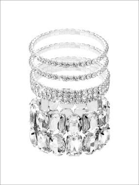 Stretch Bracelet Set Silver-Toned Metal Rhinestone Stackable 4 Pc